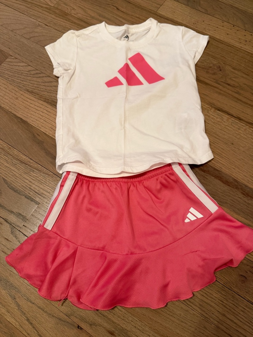 adidas White Tee with Bright Pink Logo and Pink Ruffle Skort